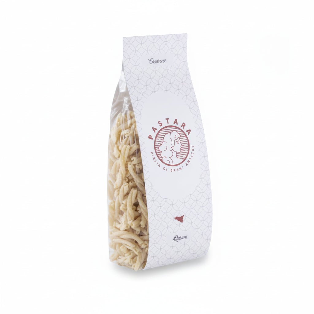 古代のRussello小麦の青銅製トラフィラで作られた手作りカザレッチェパスタ、500g 