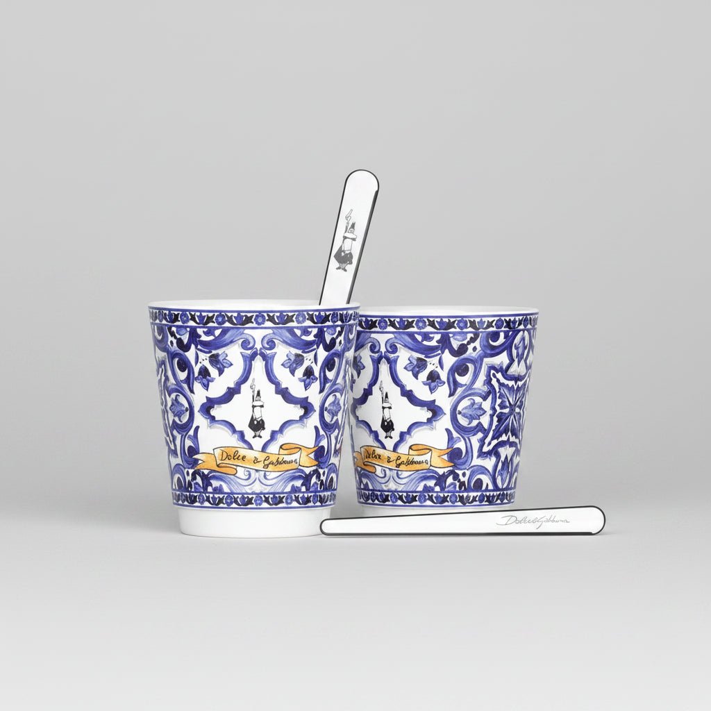 2 bicchierini in porcellana e 2 palettine argentate Bialetti Dolce&Gabbana Blu Mediterraneo