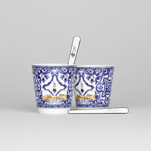 2 bicchierini in porcellana e 2 palettine argentate Bialetti Dolce&Gabbana Blu Mediterraneo