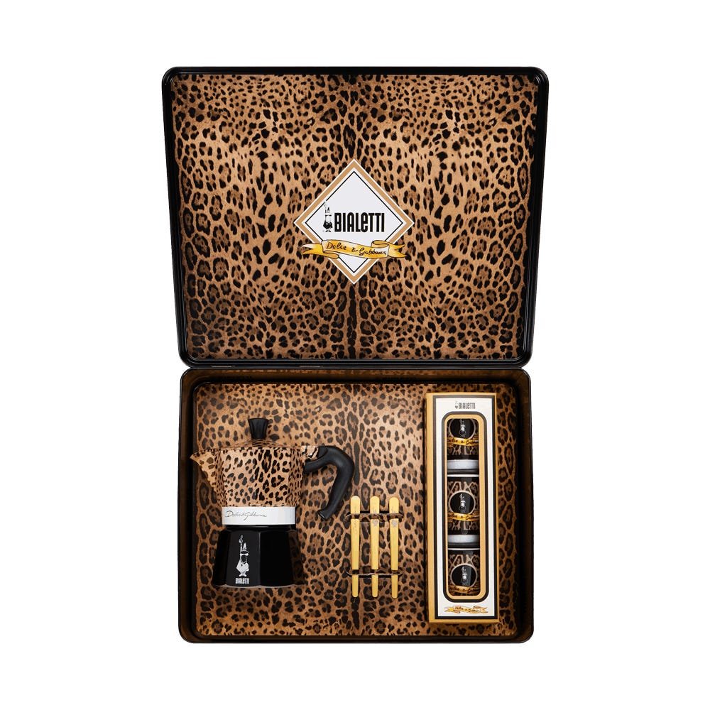 Set regalo originale Leopardo Bialetti Dolce&Gabbana con Moka 3 tazze, 3 bicchierini e 3 palettine