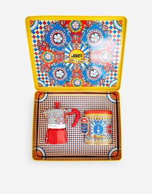 Set Bialetti Dolce&Gabbana Carretto Siciliano con Moka 3 tazze e caffè Irresistibile, box aperta