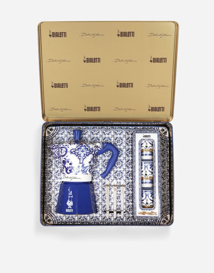 Box aperta Bialetti Dolce&Gabbana Blu Mediterraneo 6 tazze con 3 bicchierini e palettine