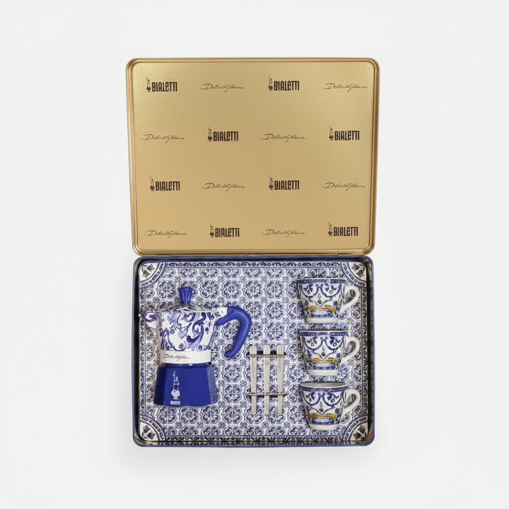 Box aperta Bialetti Dolce&Gabbana Blu Mediterraneo 3 tazze con 3 bicchierini e palettine