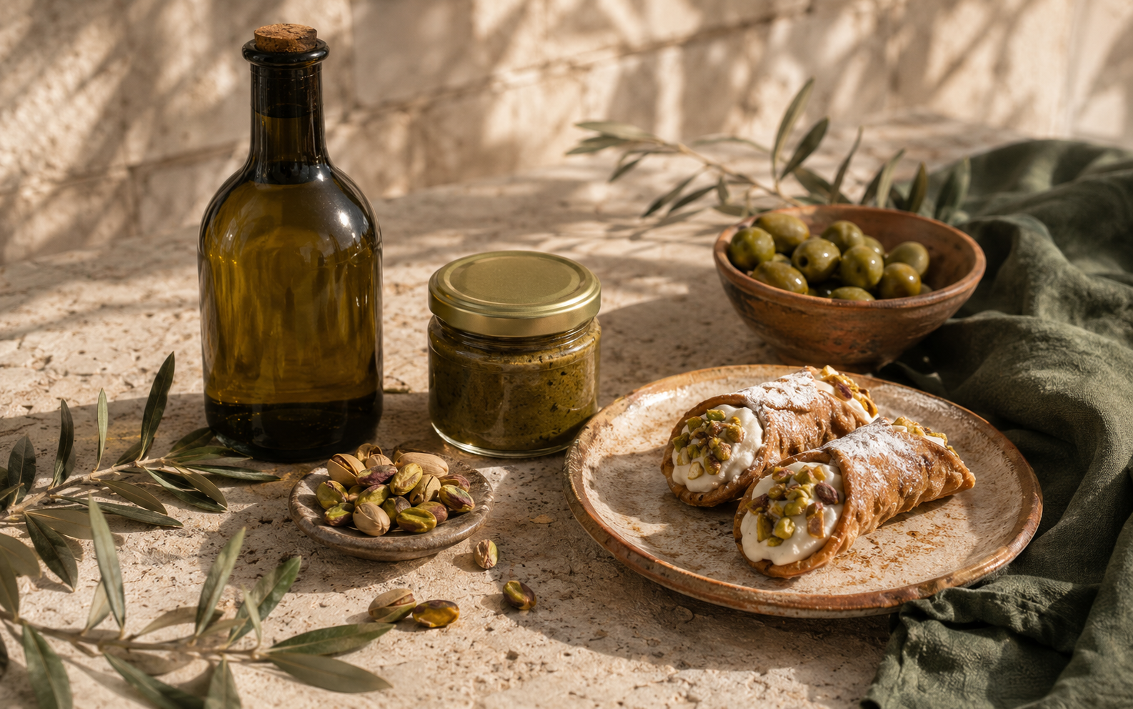 Prodotti siciliani su una tavola mediterranea