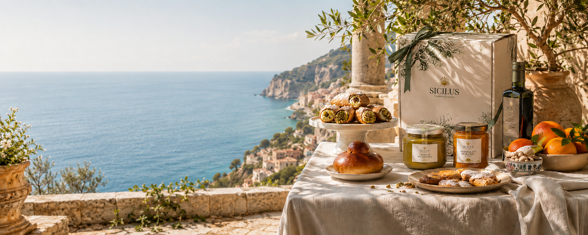 Specialità siciliane Sicilus su terrazza estiva con vista sul mare
