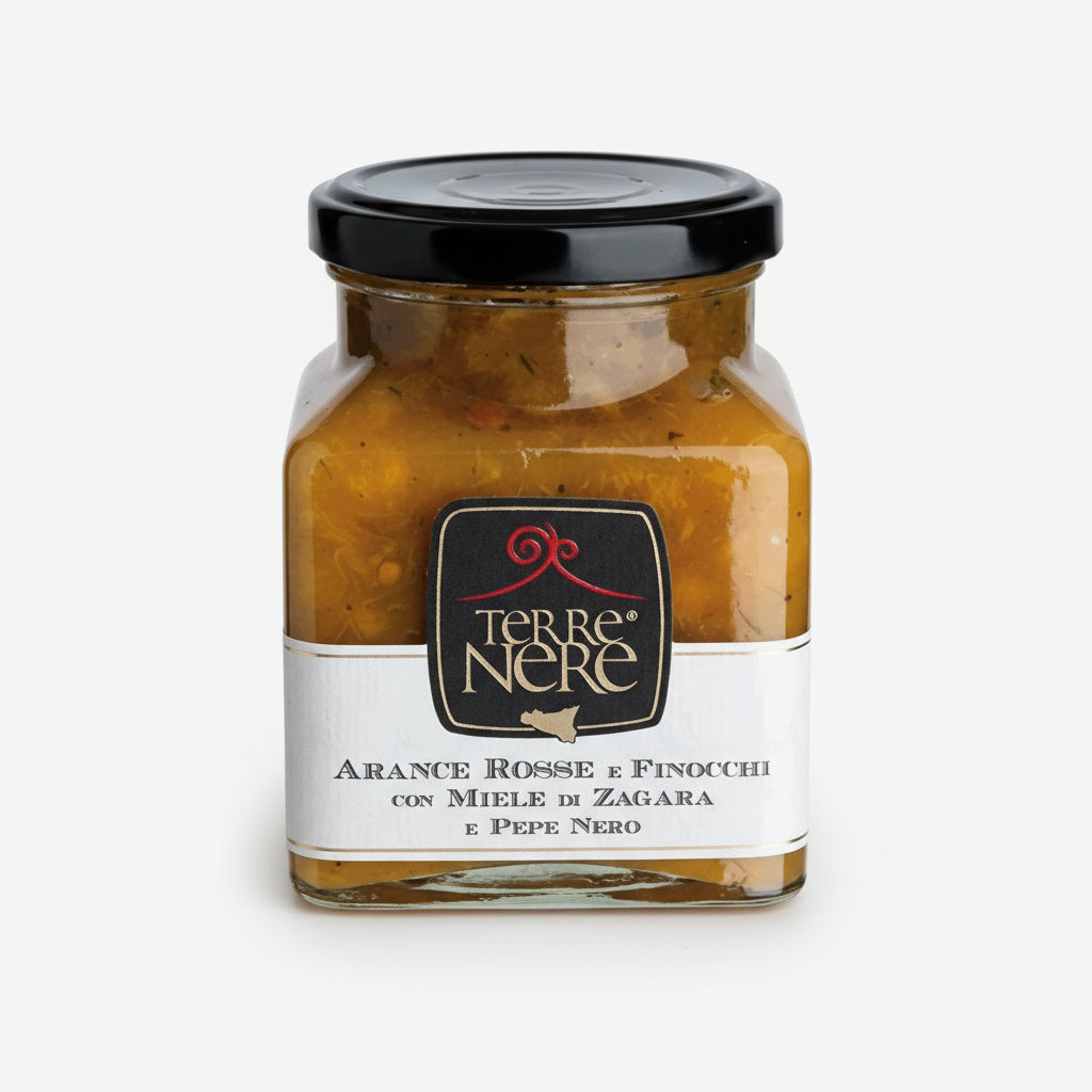 Marmellata Terre Nere di arance rosse e finocchi con miele di zagara e pepe nero, referenza 240 g – Cesto Ribera Arancia