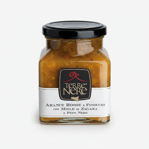 Marmellata Terre Nere di arance rosse e finocchi con miele di zagara e pepe nero, referenza 240 g – Cesto Ribera Arancia