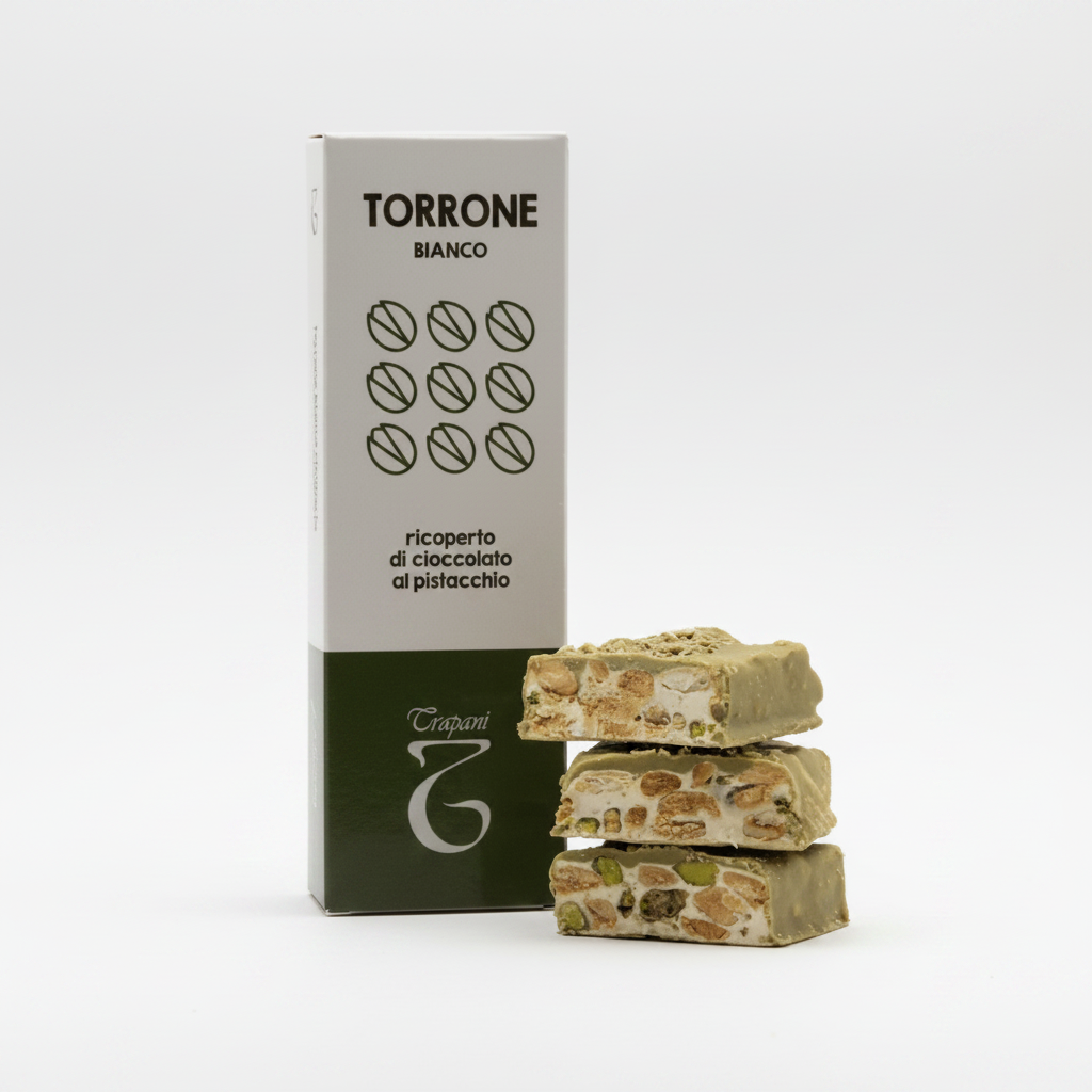 Torrone mandorle e pistacchio ricoperto al pistacchio 125 g - Trapani