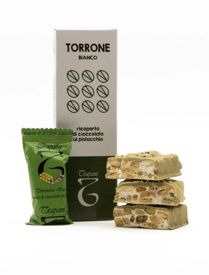 Turrón blanco de almendras y pistachos cubierto de chocolate de pistacho, 125 gramos 