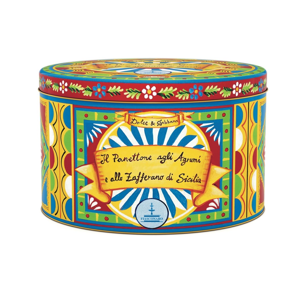 Foto del panettone fiasconaro dolce e gabbana agli agrumi di Sicilia e zafferano nella confezione di latta da 1 kg, Sicilus