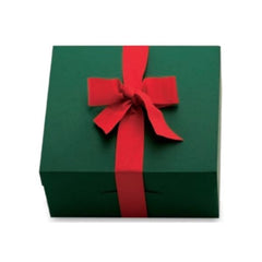 Small forest green gift box with red ribbon