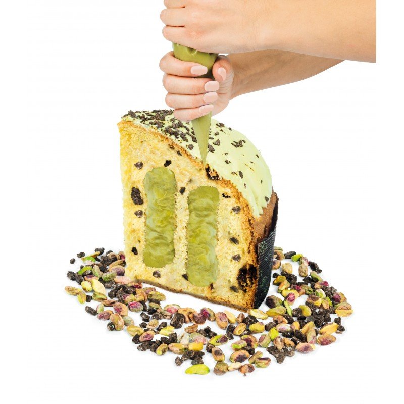Panettone Peluso Calipso, fetta tagliata, con Cioccolato di Modica IGP e Pistacchio in sac a poche - Sicilus 