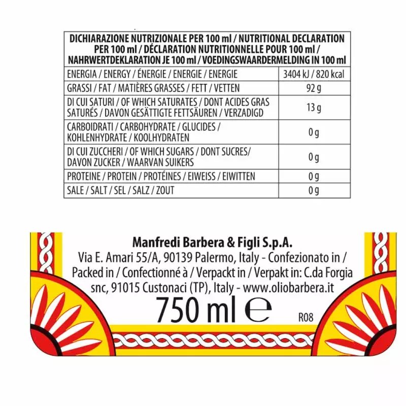 valori nutrizionali di Olio Barbera IGP Sicilia – Olio Extra Vergine di Oliva 750 ml
