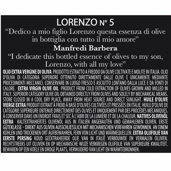 etichetta Olio Extra Vergine di Oliva Denocciolato Monocultivar Nocellara Lorenzo N° 5 - Sicilus Srl Confezioni Regalo Aziendali 