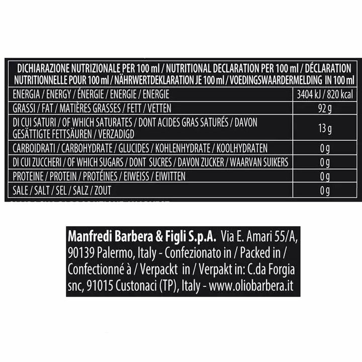 valori nutrizionali Olio Extra Vergine di Oliva Denocciolato Monocultivar Nocellara Lorenzo N° 5 - Sicilus Srl Confezioni Regalo Aziendali 