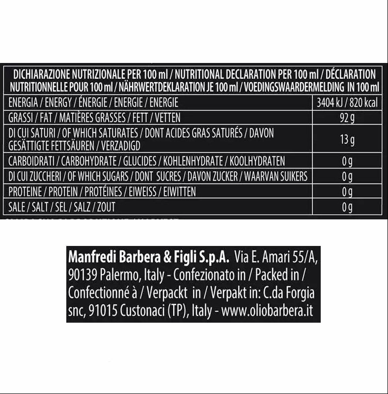 valori nutrizionali Olio Extra Vergine di Oliva Denocciolato Monocultivar Nocellara Lorenzo N° 5 - Sicilus