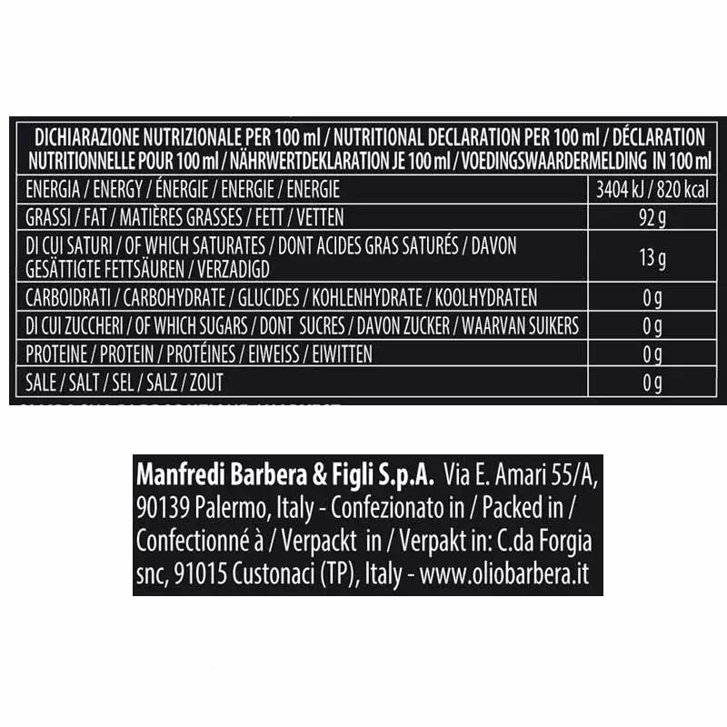 valori nutrizionali Olio Extra Vergine di Oliva Denocciolato Monocultivar Nocellara Lorenzo N° 5 - Sicilus