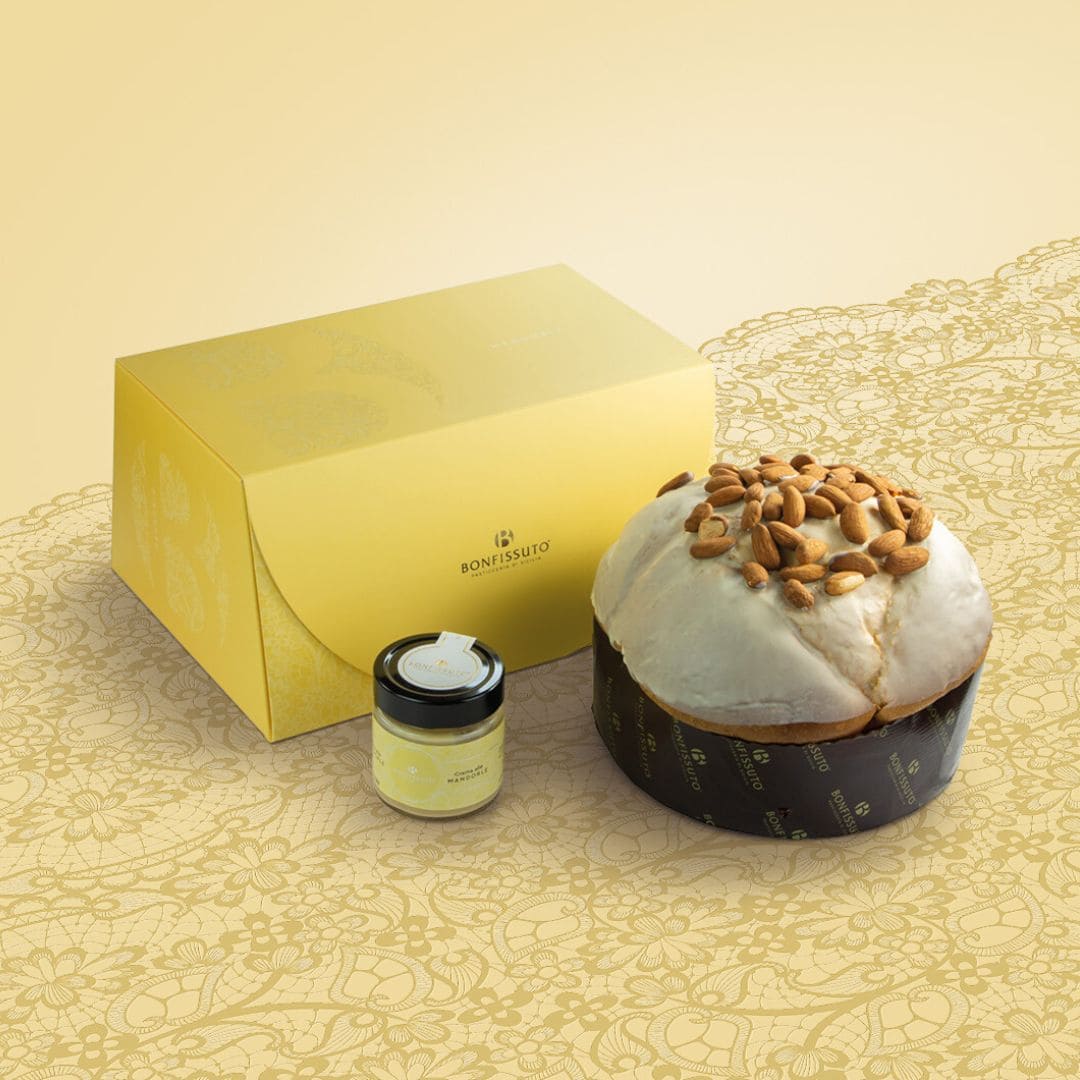 panettone alle mandorle Bonfissuto con vasetto di crema alle mandorle, sicilus shop