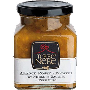 marmellata di arance e finocchi con miele di zagara e pepe nero, terre nere, sicilus